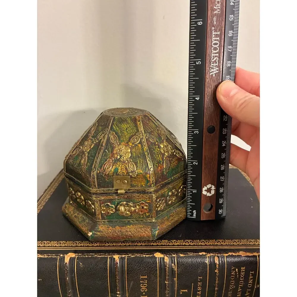 Vintage Hand Painted Octagonal Trinket Box - Embossed Brass Floral Jewelry Box